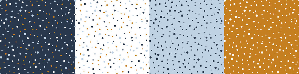 Dots Seamless Patterns Vector Set. Abstract Geometric Multicolor Backgrounds with Small Circles. Polka Dots Wallpaper. Blue, White and Yellow Mustard Colors
