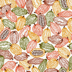 Heap of Cocoa Beans Varieties Seamless Pattern. Different Variety of Colorful Cacao Pods Fruits Background. Vector illustration