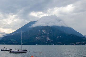 Mountain next to lake near Town Como Italy.
