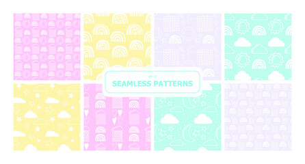 Set of vector background. Cloud, rainbow, heart, rain, sun, moon, water, drops. Pack of childhood seamless patterns. For printing on paper and fabric.
