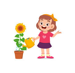 cute little girl stand and watering sun flower