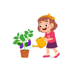 cute little girl stand and watering eggplant tree