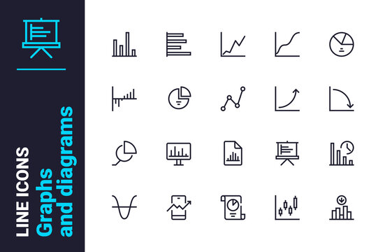 Graphs and diagrams analysis icons set