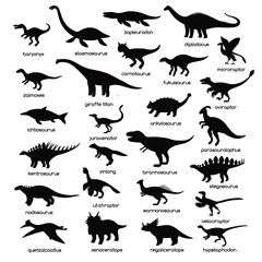 Big set of black and white dinosaur silhouettes isolated on white background. 