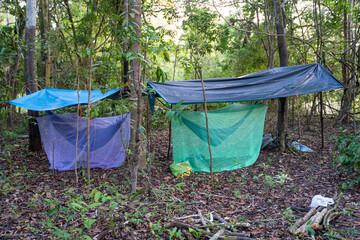 Camp in the Amazon rainforest. Next Sacambu Reserve, Amazon, Peru. - obrazy, fototapety, plakaty