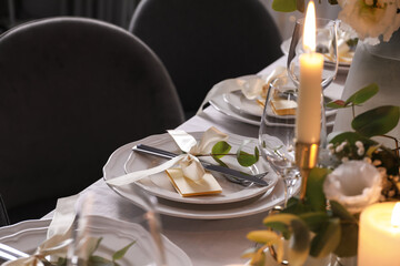 Festive table setting with beautiful decor indoors