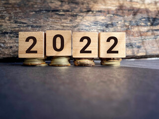 Financial Concept - 2022 text on wooden blocks background. Stock photo.