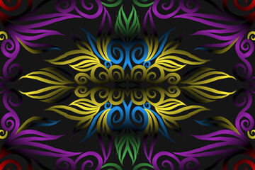 seamless colourful caleidoscope gradient flower art pattern of indonesian traditional tenun batik ethnic dayak ornament for wallpaper ads background sticker or clothing