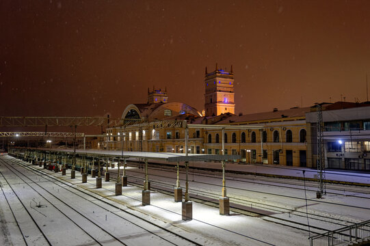 Kharkiv, Ukraine - January 28, 2022: Kharkiv Passenger Railway Station. Night photo.