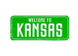 GREEN grunge poster. Welcome to KANSAS. Vector outline Illustration.