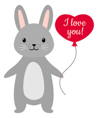 Rabbit cute gray cartoon with tummy and long ears stands and holds in its paws red heart-shaped balloon with inscription I love you isolated on white background. Valentines Day. Vector illustration