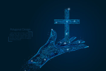Abstract isolated image of human hand holding christian cross. Polygonal low poly style illustration looks like stars in the blask night sky in spase or flying glass shards. © Katsiaryna