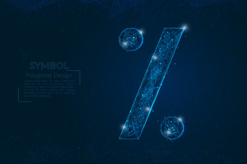 Abstract isolated blue image of a percent sign. Polygonal illustration looks like stars in the blask night sky in spase or flying glass shards. Digital design for website, web, internet. © Katsiaryna