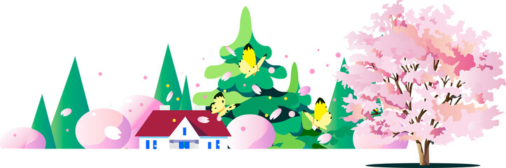 Obraz na płótnie Canvas 桜の木と家と林のある風景