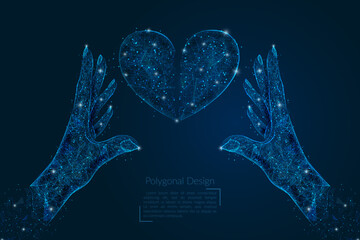 Abstract isolated image of human hand holding broken heart. Polygonal low poly style illustration looks like stars in the blask night sky in spase or flying glass shards. - obrazy, fototapety, plakaty
