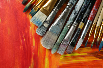 Set of different brushes on abstract colorful paint, top view