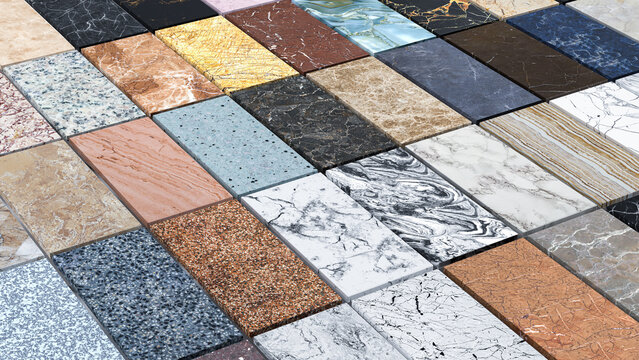 colorful stone slabs made of granite, marble and quartz for kitchen and bathroom countertops