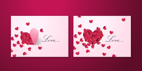 Valentine's day design template. 3d red paper hearts with romantic design.