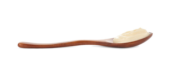 Wooden spoon with mayonnaise isolated on white