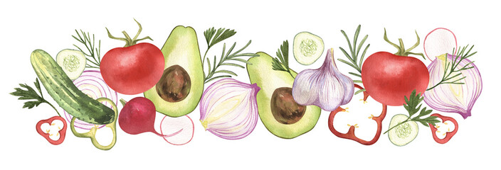 Eco food set menu background banner. Watercolor hand drawn vegetables elements, garlic, cucumber, salad, tomato, pepper, organic, avocado, leaves, onion. For restaurant, kitchen, textile, fabric.