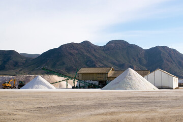 Salt extraction plant in the salt flats of the natural park of Cabo de Gata, Almería, Spain.