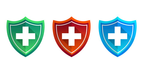 Obraz premium Medical health protection shield with cross set. Healthcare medicine protected steel guard concept symbol. Vector insurance icon isolated illustration