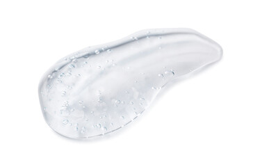 Sample of transparent shower gel on white background, top view