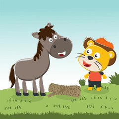 Obraz na płótnie Canvas Happy cute lion and horse in field. Can be used for t-shirt printing, children wear fashion designs, baby shower invitation cards and other decoration.