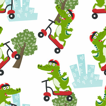 Cute crocodile kid riding a kick scooter. Funny vector illustration. Creative vector childish background for fabric textile, nursery wallpaper, brochure. and other decoration.