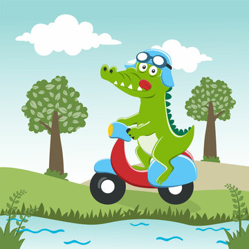 Vector illustration of cute crocodile riding a scooter. Funny vector illustration. Creative vector childish background for fabric textile, nursery wallpaper, brochure. and other decoration.