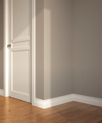 White door, plinth in the room with parquet floor. Fragment of a classic interior. 3d illustration