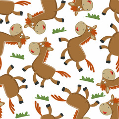 Obraz premium Vector equestrian seamless pattern of flat cartoon bay horse isolated on white background, Creative vector childish background for fabric textile, nursery wallpaper, brochure. and other decoration.