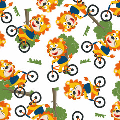 Obraz na płótnie Canvas Seamless pattern of cute lion riding a yellow bicycle. Can be used for t-shirt print, kids wear fashion design, invitation card. fabric, textile, nursery wallpaper, poster and other decoration.