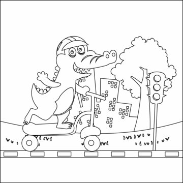 Cute crocodile kid riding a kick scooter. Funny vector illustration. Trendy children graphic with Line Art Design Hand Drawing Sketch Vector illustration For Adult And Kids Coloring Book.