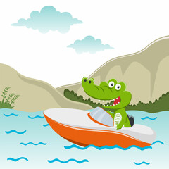 Funny crocodile cartoon vector on speed boat with cartoon style. Creative vector childish background for fabric textile, nursery wallpaper, brochure. and other decoration.