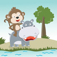 Obraz na płótnie Canvas Vector illustration of cute hippo and monkey playing together, Can be used for t-shirt print, kids wear fashion design, nursery wallpaper, poster and other decoration.