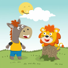 Obraz na płótnie Canvas Happy cute lion and horse in field. Can be used for t-shirt printing, children wear fashion designs, baby shower invitation cards and other decoration.