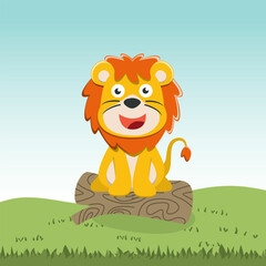 Obraz na płótnie Canvas Illustration of funny lion sit on tree trunk, Creative vector childish background for fabric, textile, nursery wallpaper, poster, card, brochure. and other decoration.