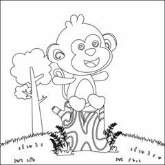 Illustration of a happy little monkey in a sitting position on a tree stump,  Trendy children graphic with Line Art Design Hand Drawing Sketch Vector illustration For Adult And Kids Coloring Book.