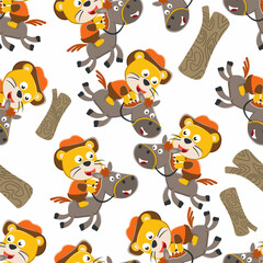 Seamless pattern of lion  the cowboy riding a brown horse, T-Shirt Design for children. Design elements for kids.
