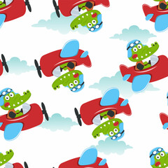 Seamless pattern of cute crocodile  flying in an airplane, Creative vector childish background for fabric textile, nursery wallpaper, brochure. and other decoration.