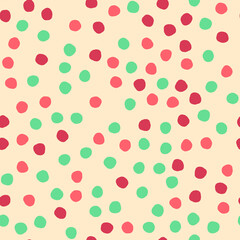 Seamless pattern with hand drawn circles. Abstract geometric spring pattern with pink, green and red circles. Random, chaotic pastel pink background with cute bubbles.