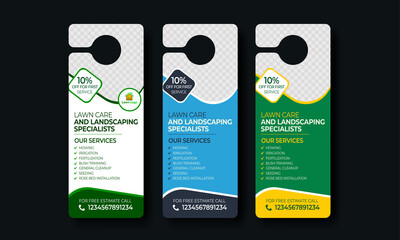 Creative corporate business door hanger template design,hotel knob design, Vector door hanger, landscaping lawn care door hanger, best lawn care Service door hanger flyer template