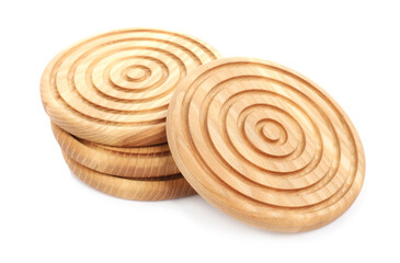Stylish wooden cup coasters on white background