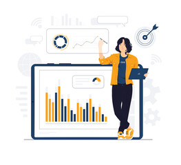 Female CEO holding tab and pen doing Data analysis with virtual interface concept illustration