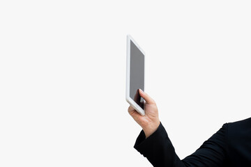 Close-up of businessman with tablet on white background