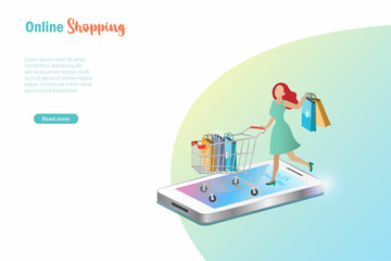 Online shopping. Woman with shopping cart full of shopping bags on smart phone. E-commerce business and delivery service.  Vector template, banner design.