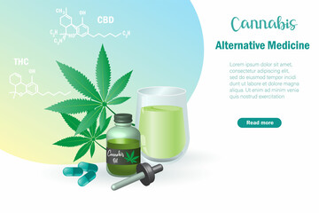 Cannabis, marijuana alternative medicine products, weed herbal drink, cannabis essential oil and  supplementary pills in capsule with cannabis leaves.  Alternative organic herbal business industry.
