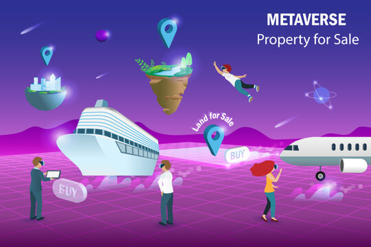 Metaverse airplane, cruise ship and land for sale, virtual real estate and property investment technology.  Businessman buy property for sale in metaverse cyber space futuristic environment background