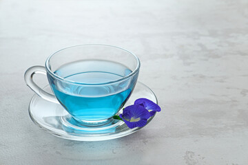 Teh Telang, Butterfly flower tea or Blue Tea is herbal tea made from the herb or infusion of the Clitoria ternatea plant flower. Selective focus.
